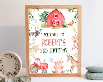 Pode incluir: Um sinal de boas-vindas imprimível para uma festa de aniversário com tema de fazenda. O sinal apresenta um celeiro vermelho, animais de fazenda e o texto "Welcome to Robert's 2nd Birthday".