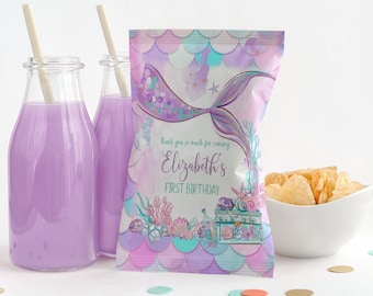Editable Oneder The Sea Chip Bag Template Custom Chip Bags Snack Bag Mermaid Tail Little Mermaid Under The Sea Mermaid Birthday M101