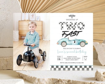 May include: A blue and white birthday invitation with a checkered pattern and a cartoon race car. The text reads "Growing Up Two Fast" and "Liam's second birthday".