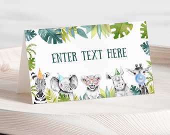 Etiquetas de comida de cumpleaños editables con diseño de animales de fiesta, decoraciones de cumpleaños de la jungla, plantilla de tarjeta de buffet de cumpleaños con diseño de animales de la jungla, cumpleaños de niño S105