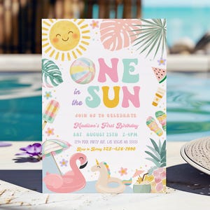 Editable One In The Sun Pool Party Birthday Invitation Pool Party With Watercolors Pool Party Invitation For Girls Pool Party Invite POL101