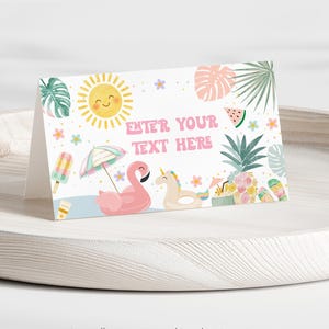 Bewerkbare One In The Sun Pool Party Voedseletiketten Verjaardagsbuffet Kaartsjabloon Pool Party Decor Pool Party met aquarellen voor meisjes POL101