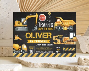 May include: A black and yellow construction themed birthday party invitation for a boy turning five. The invitation features a stop sign, a yellow excavator, a yellow dump truck, a yellow bulldozer, and the text "The Traffic Close the Road Oliver is turning 5".