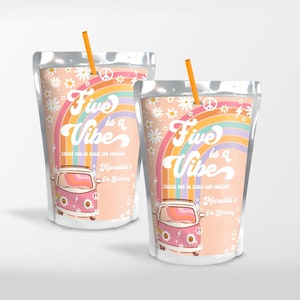 May include: Two pink and orange juice boxes with a rainbow and peace sign design. The text on the boxes reads "Five is a Vibe" and "Thank you so much for coming! Meredith's 5th Birthday".