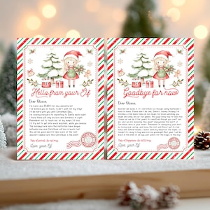 May include: Two printable letters from an elf to a child named Olivia. The letters are decorated with a red and green striped background, a snowy forest scene, and a small elf holding a gift. The first letter says "Hella from your Elf" and the second letter says "Goodbye for now".