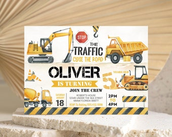 May include: Construction themed birthday party invitation with a yellow excavator, dump truck, bulldozer, and cement mixer. The invitation says "Oliver is turning 5" and includes the date, time, and location of the party.