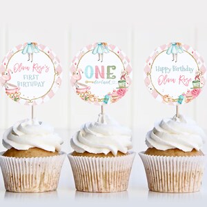 Editable Alice In Onederland Cupcake Toppers, Tea Party, Alice Tea Party, Tea Party For Girls, First Birthday, Cake Topper A202