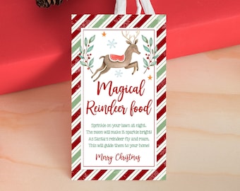 May include: A printable Christmas gift tag with a red and green striped background. The tag features a cartoon reindeer with the text "Magical Reindeer Food" and the instructions "Sprinkle on your lawn at night. The moon will make it sparkle bright. As Santa's reindeer fly and roam. This will guide them to your home. Merry Christmas."