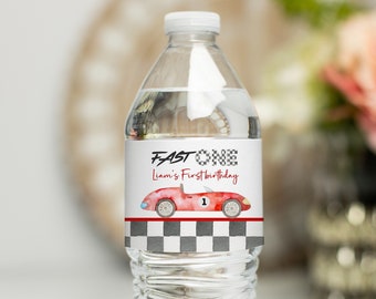 編集可能なFast OneウォーターボトルラベルFast Oneバースデーウォーターボトルステッカーレースカーバースデー1歳の誕生日男の子車テーマバースデーR303