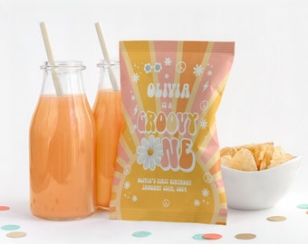 EDITABLE Groovy ONE Chip Bag First Birthday Groovy Party Printable Chip Bags Birthday Favors Groovy Baby Groovy Party Decor G113