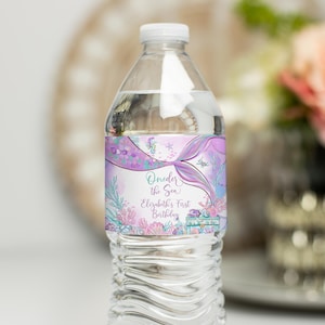 Étiquettes modifiables de bouteille d'eau de mer Oneder, anniversaire de sirène, décorations de sirène, aquarelle, queue de sirène sous la mer, M301