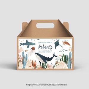 Étiquettes de boîte sous la mer modifiables sur le thème de l'océan, anniversaire de garçon, baleine, tortue, requin, méduse, anniversaire, étiquettes de boîte à pignon US01