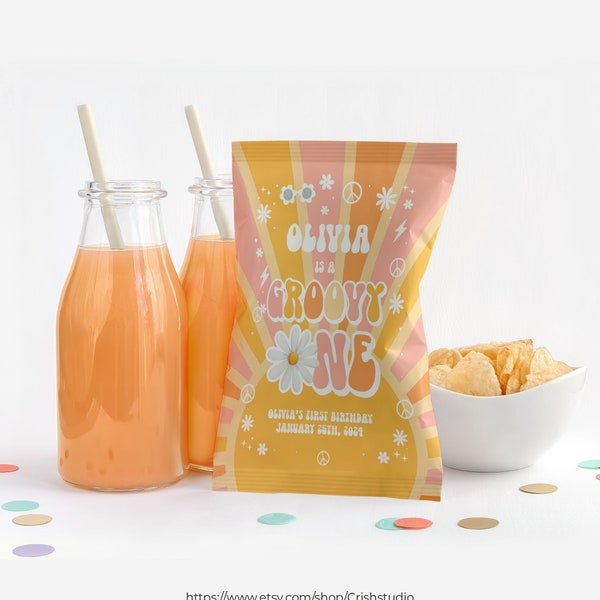 EDITABLE Groovy ONE Chip Bag First Birthday Groovy Party Printable Chip Bags Birthday Favors Groovy Baby Groovy Party Decor G113