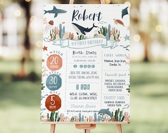 Bajo el cartel del hito del mar Editable tema del océano cumpleaños niño ballena tortuga tiburón medusa hito signo US01