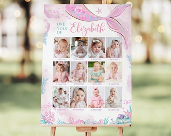 EDITABLE Mermaid First Birthday Photo Poster Custom Photo Poster Photo Collage Poster Milestone Poster 1st Birthday Sign M102