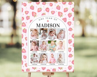 Berry First Birthday Photo Poster Strawberry Birthday Editable Photo Collage Poster Berry 1st birthday Party Decorations Birthday Girl BF03