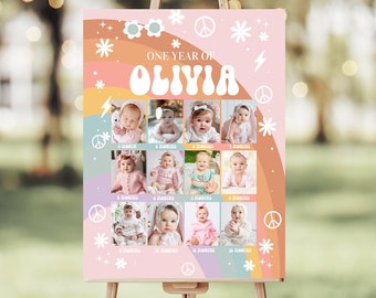 May include: A pink and orange poster with a rainbow design and a photo collage of a baby girl's first year. The poster says "One Year of Olivia" in a retro font.