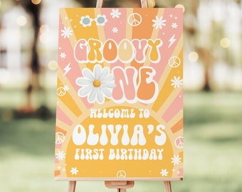 EDITABLE Groovy ONE Welcome Sign First Birthday Groovy Party Birthday Sign Birthday Decorations Groovy Baby Groovy Party Decor G113