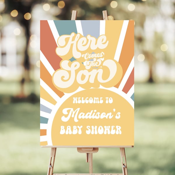 Bewerkbare Sunshine Baby Douche Welkom Teken Hier Kom De Zoon Baby Douche Retro Jongen Blauw En Geel Zonneschijn Baby Douche H002