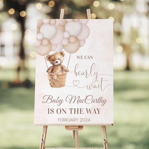 Teddy Bear Baby Shower Welcome Sign, Baby Shower Sign Hot Air Balloon Bear Theme Personalized Sign Welcome Party Sign T103