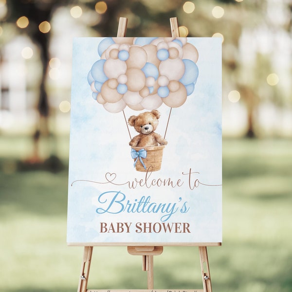 Teddy Bear Baby Shower Welcome Sign, Baby Shower Sign Hot Air Balloon Bear Theme Personalized Sign Welcome Party Sign T101