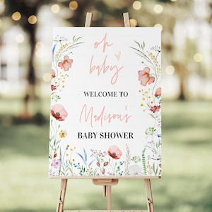 EDITIERBARE Baby in Blüte Benutzerdefiniertes Zeichen Babypartydekoration Frühlingsblumen Wilde Blume Willkommensschild Babypartyplakat B001