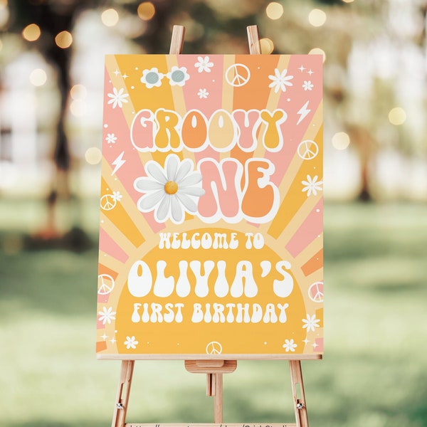 EDITABLE Groovy ONE Welcome Sign First Birthday Groovy Party Birthday Sign Birthday Decorations Groovy Baby Groovy Party Decor G113