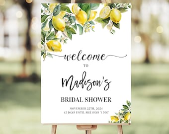 Peut inclure: Panneau blanc sur chevalet avec l'inscription "welcome to Madison's Bridal Shower" en écriture noire. Le panneau est décoré de citrons et de verdure à l'aquarelle. La date de la fête est le 25 novembre 2024.