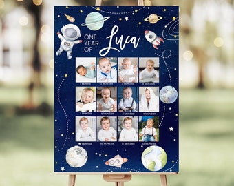 BEWERKBARE Eerste reis rond de zon verjaardag baby mijlpaal fotocollage poster ruimte verjaardag TA03