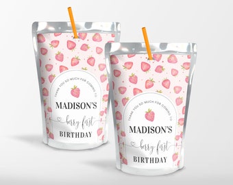 Berry First Birthday Juice Label Strawberry Birthday Editable Juice Pouch Labels Berry 1st birthday Party Decorations Birthday Girl BF01