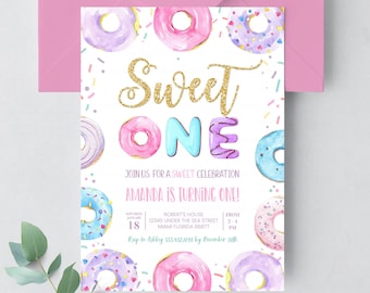 EDITABLE Sweet One Birthday Invitation Donut Birthday Donut Birthday Party First Birthday 1st Birthday Birthday Girl Birthday Card D004