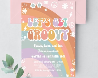 Editable ANY AGE Pink Groovy Van Daisy Rainbow Let's Get Groovy Birthday Invite Hippie Birthday Invitation Pritable Instant Download