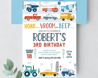 May include: A colorful invitation for a 3rd birthday party with a transportation theme. The invitation features a variety of vehicles, including a truck, a fire engine, a police car, a school bus, a taxi, and a tractor. The text on the invitation reads "Honk... Vroom... Beep... Join us to celebrate Robert's 3rd Birthday. Saturday, January 18, 2PM to 4PM. Robert's House, 12345 Under the Sea Street, Miami Florida 88877. RSVP to Ashley 555.432.1098."