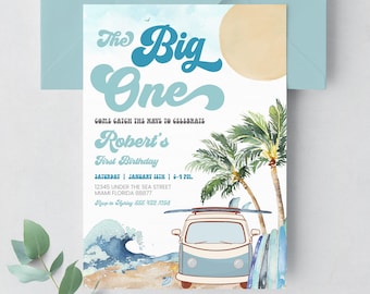 May include: A blue and white invitation with a retro-style font that says "The Big One" and "Robert's First Birthday". The invitation has a watercolor illustration of a beach scene with palm trees, a surfboard, and a vintage van.