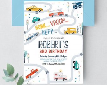 May include: A colorful invitation for a 3rd birthday party with a road theme. The invitation features a winding road with various vehicles, including a police car, fire truck, ambulance, school bus, and a dump truck. The text on the invitation reads "HONK... VROOM... BEEP... JOIN US TO CELEBRATE ROBERT'S 3RD BIRTHDAY Saturday | January 18th | 2-4 pm 12345 UNDER THE SEA STREET MIAMI FLORIDA 88877 RSVP To Ashley 555.432.1098 https://www.etsy.com/shop/CrishStudio"