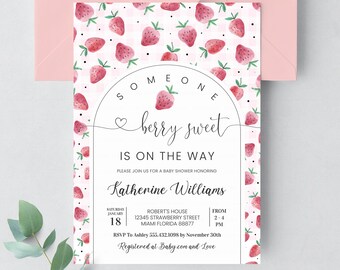 EDITABLE Strawberry Shower Invitation Baby Shower Invite Berry Baby Shower Berry Sweet Shower Girl Baby Shower Summer Baby Shower BS06