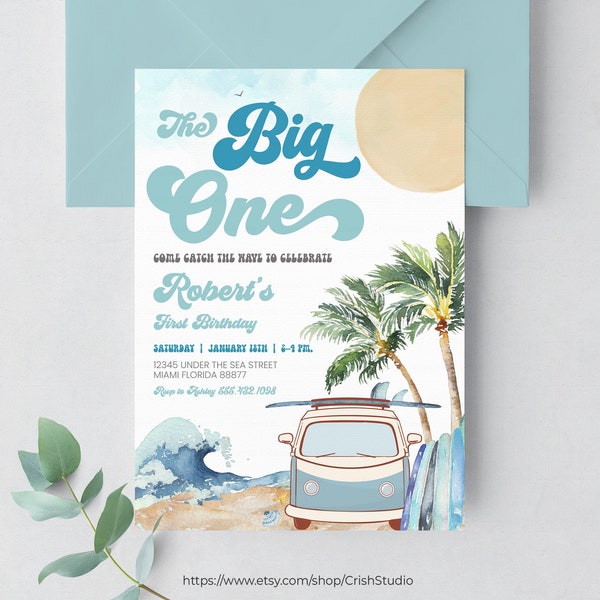 Editable Boy The Big One Surfing 1st Birthday Party Invitation Retro Boy Surf Van Surfboard Beach Party Invite Instant Download BO4