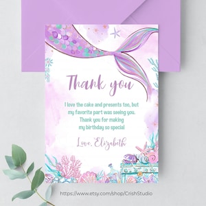 Editable Oneder The Sea Tarjeta de agradecimiento Notas de agradecimiento Tarjeta de agradecimiento linda Tarjetas de agradecimiento de cumpleaños de sirena Favores de fiesta de sirena M101
