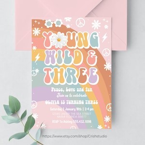 Editable Groovy Young Wild and Three 3rd Birthday Invitation Rainbow blue Photo Birthday Invite Daisy Hippie Printable Instant Download G110