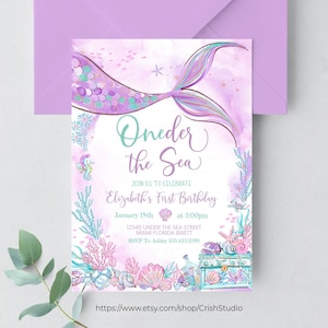 Editable Oneder the Sea Mermaid Purple Teal First 1st Mermaid Birthday Little Mermaid Invite Printable Template Instant Download M401
