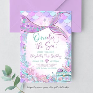 Editable Oneder the Sea Mermaid Purple Teal First 1st Mermaid Birthday Little Mermaid Invite Printable Template Instant Download M301