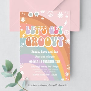 Editable ANY AGE Pink Groovy Van Daisy Rainbow Let&#39;s Get Groovy Birthday Invite Hippie Birthday Invitation Pritable Instant Download
