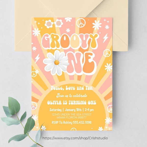 Editable Groovy ONE birthday invitation Pink Daisy Rainbow Groovy Van 1st Birthday Invite Retro Hippie Party Template Instant Download