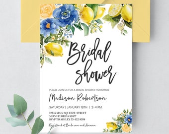 Bearbeitbare Blaue Zitrone Brautparty Einladung Blaue Blumen Zitrus Sie fand ihre Haupt Squeeze Invite Vorlage Sofortiger Download