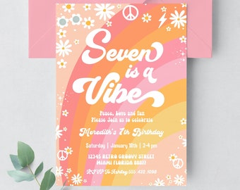 Seven Is A Vibe Geburtstagseinladung Hippie Van Bearbeitbar 7.Geburtstag Groovy Dekorationen Hippie Thema Retro Einladungen G407