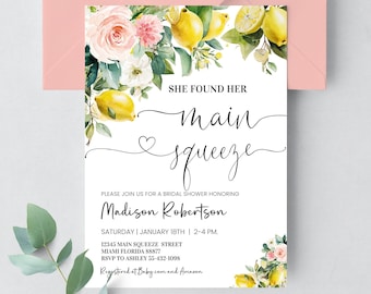 May include: A white bridal shower invitation with a watercolor illustration of lemons, flowers, and greenery. The text reads "She found her main squeeze" and includes the bride's name, date, time, and RSVP information.