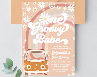 One Groovy Babe Invito di compleanno Hippie Van Modificabile Groovy One Compleanno Groovy Decorazioni Hippie Tema Retro Inviti G612