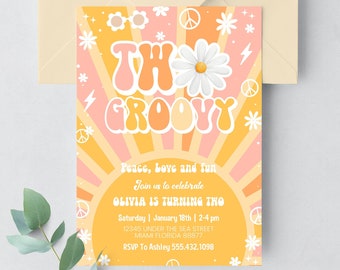 Editable Two Groovy Invitation Groovy 2nd Birthday Invite Pink Daisy Rainbow Van Birthday Hippie Printable Template Instant Download, G114
