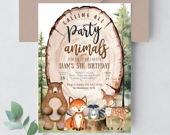 May include: A woodland-themed party invitation with a brown wooden tree trunk background. The text reads "Calling all party animals, Join us to celebrate Liam's 5th Birthday". The invitation features a bear, fox, raccoon, and deer.