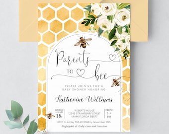 May include: A yellow and white baby shower invitation with a honeycomb pattern and a floral design. The text reads "Parents to bee" and includes the name "Katherine Williams".